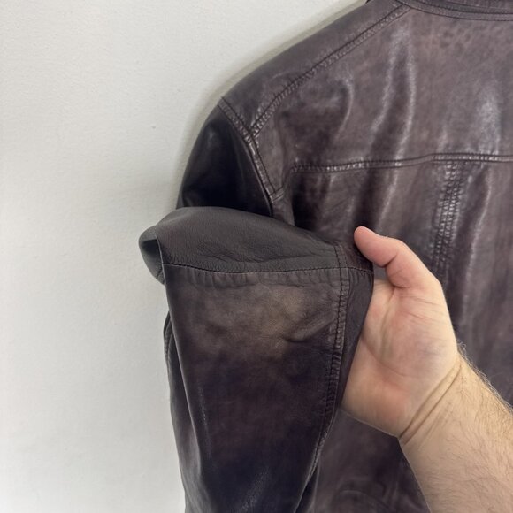Hugo Boss Orange Men’s Lamb Leather Jacket Brown Size 38 Moto Plaid Lined Zip - Picture 5 of 12